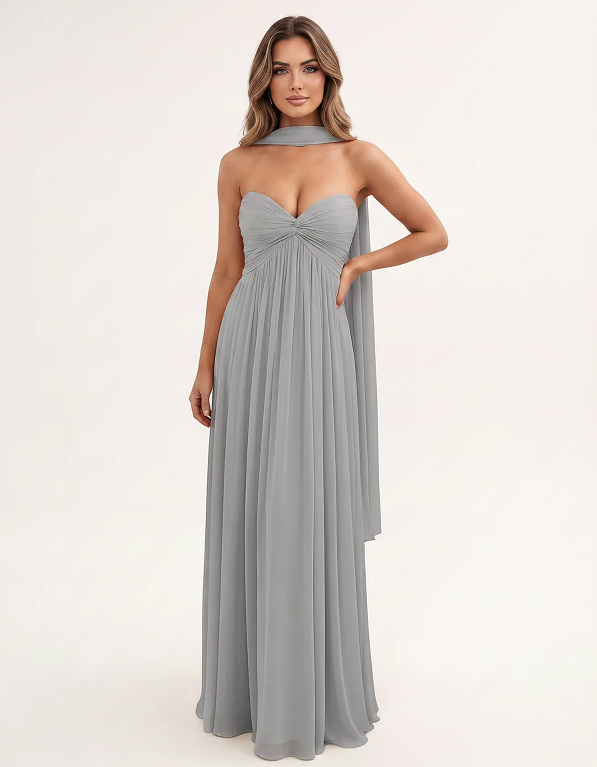 Chiffon Strapless Sweetheart Choker Draped Straight Maxi Dress for Party, Cocktail, Evening, Wedding Guest, Formal Events & S | SKU: CHD-739184620583917-SILVER-L,CHD-739184620583917-SILVER-M,CHD-739184620583917-SILVER-S,CHD-739184620583917-SILVER-XL,CHD-739184620583917-SILVER-XS