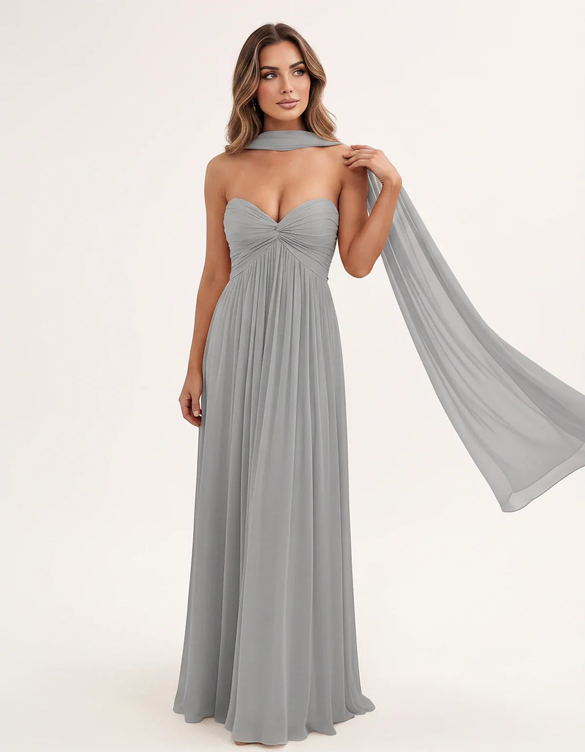 Chiffon Strapless Sweetheart Choker Draped Straight Maxi Dress for Party, Cocktail, Evening, Wedding Guest, Formal Events & S | SKU: CHD-739184620583917-SILVER-L,CHD-739184620583917-SILVER-M,CHD-739184620583917-SILVER-S,CHD-739184620583917-SILVER-XL,CHD-739184620583917-SILVER-XS