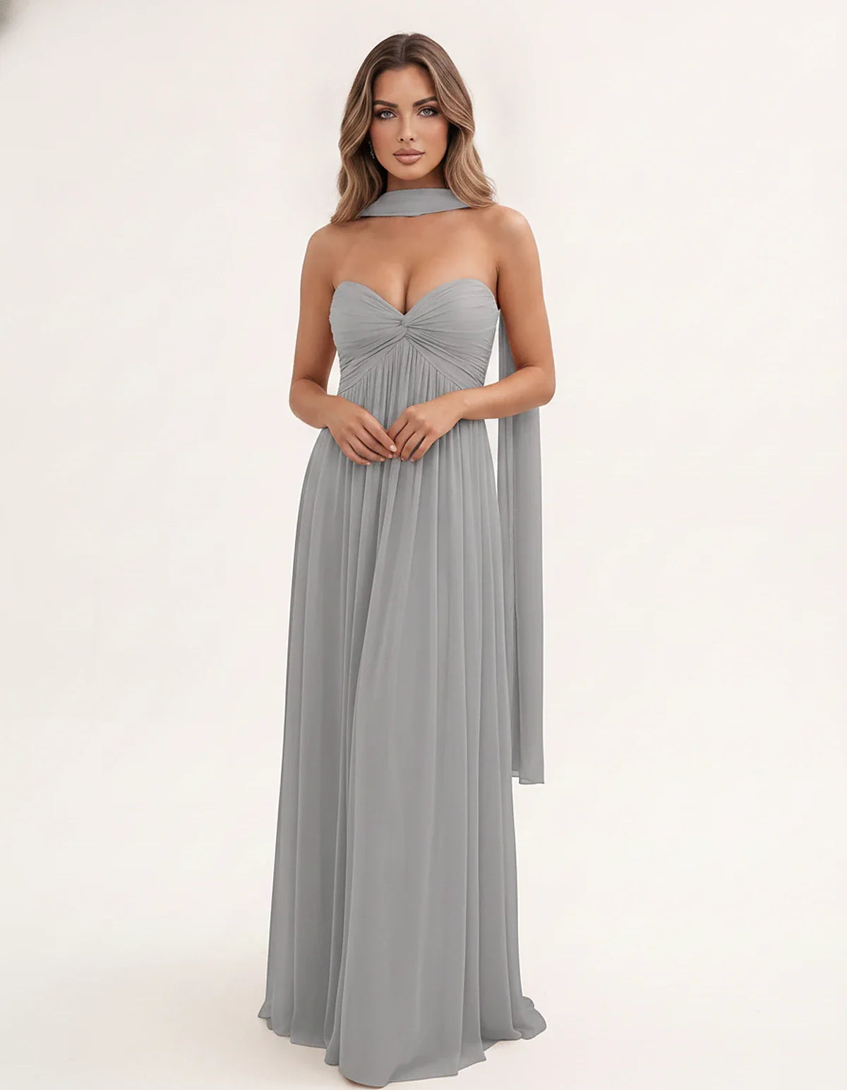 Chiffon Strapless Sweetheart Choker Draped Straight Maxi Dress for Party, Cocktail, Evening, Wedding Guest, Formal Events & S | SKU: CHD-739184620583917-SILVER-L,CHD-739184620583917-SILVER-M,CHD-739184620583917-SILVER-S,CHD-739184620583917-SILVER-XL,CHD-739184620583917-SILVER-XS