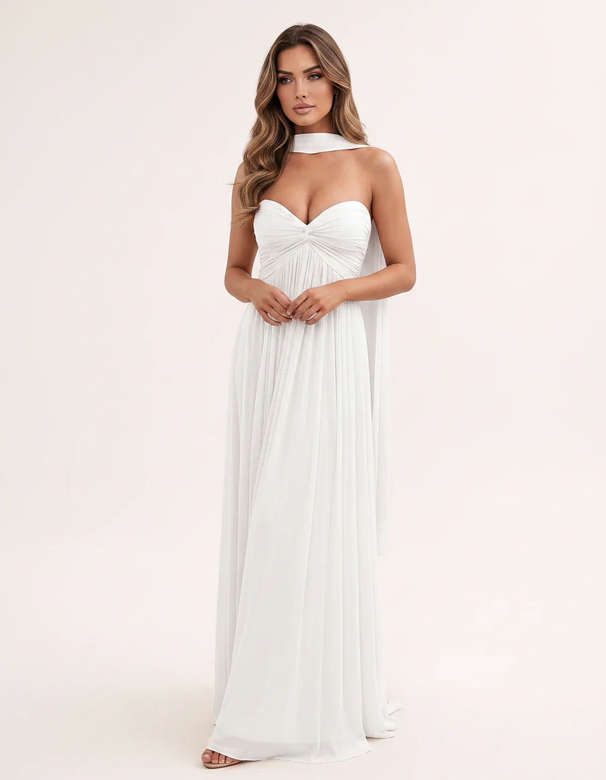 Chiffon Strapless Sweetheart Choker Draped Straight Maxi Dress for Party, Cocktail, Evening, Wedding Guest, Formal Events & S | SKU: CHD-739184620583917-WHITE-L,CHD-739184620583917-WHITE-M,CHD-739184620583917-WHITE-S,CHD-739184620583917-WHITE-XL,CHD-739184620583917-WHITE-XS