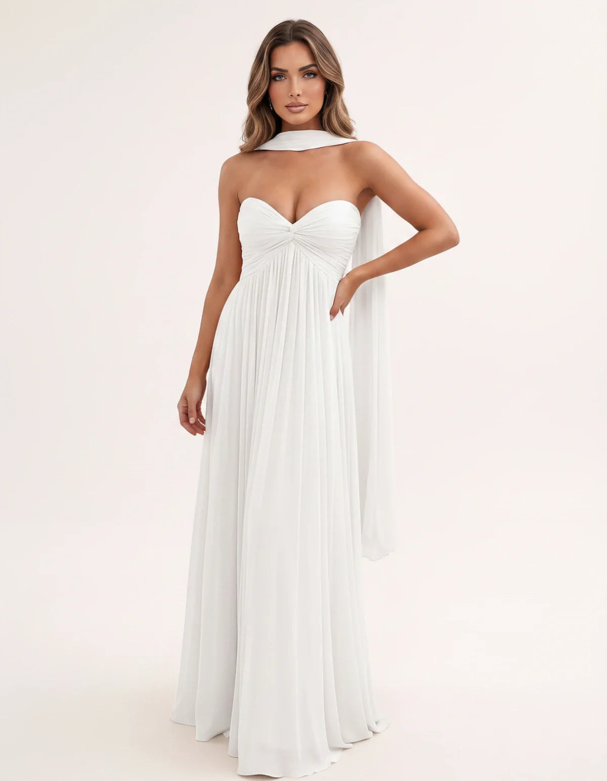 Chiffon Strapless Sweetheart Choker Draped Straight Maxi Dress for Party, Cocktail, Evening, Wedding Guest, Formal Events & S | SKU: CHD-739184620583917-WHITE-L,CHD-739184620583917-WHITE-M,CHD-739184620583917-WHITE-S,CHD-739184620583917-WHITE-XL,CHD-739184620583917-WHITE-XS