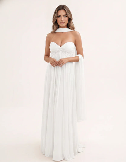 Chiffon Strapless Sweetheart Choker Draped Straight Maxi Dress for Party, Cocktail, Evening, Wedding Guest, Formal Events & S | SKU: CHD-739184620583917-WHITE-L,CHD-739184620583917-WHITE-M,CHD-739184620583917-WHITE-S,CHD-739184620583917-WHITE-XL,CHD-739184620583917-WHITE-XS