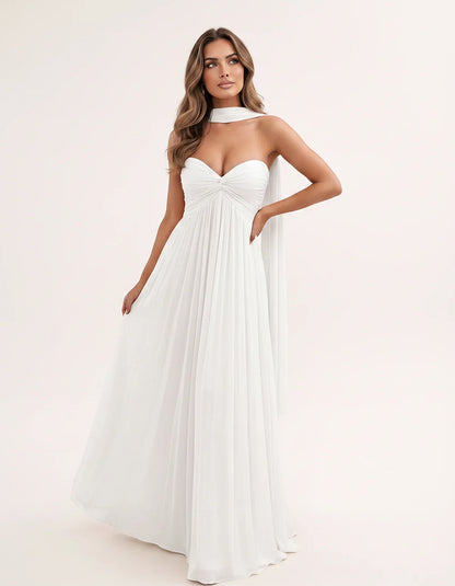 Chiffon Strapless Sweetheart Choker Draped Straight Maxi Dress for Party, Cocktail, Evening, Wedding Guest, Formal Events & S | SKU: CHD-739184620583917-WHITE-L,CHD-739184620583917-WHITE-M,CHD-739184620583917-WHITE-S,CHD-739184620583917-WHITE-XL,CHD-739184620583917-WHITE-XS