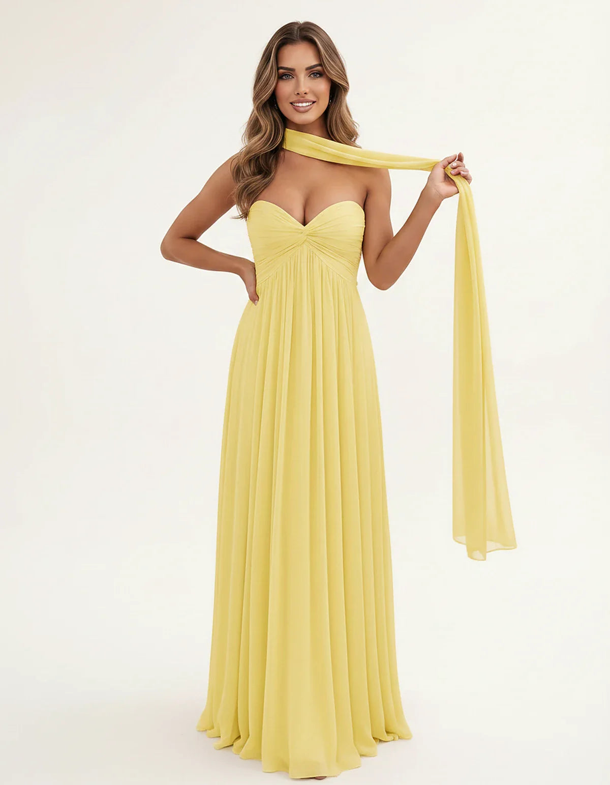 Chiffon Strapless Sweetheart Choker Draped Straight Maxi Dress for Party, Cocktail, Evening, Wedding Guest, Formal Events & S | SKU: CHD-739184620583917-YELLOW-L,CHD-739184620583917-YELLOW-M,CHD-739184620583917-YELLOW-S,CHD-739184620583917-YELLOW-XL,CHD-739184620583917-YELLOW-XS