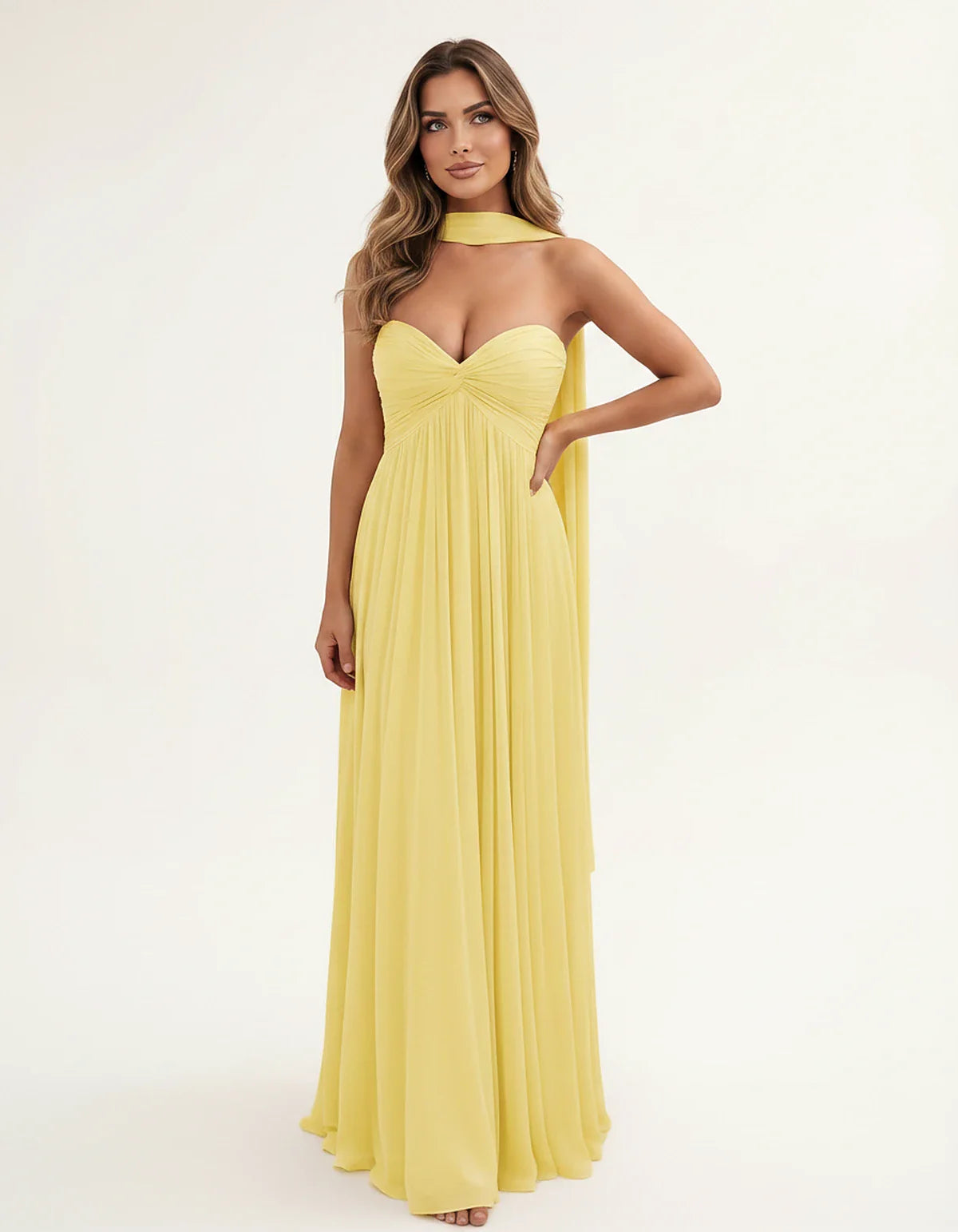 Chiffon Strapless Sweetheart Choker Draped Straight Maxi Dress for Party, Cocktail, Evening, Wedding Guest, Formal Events & S | SKU: CHD-739184620583917-YELLOW-L,CHD-739184620583917-YELLOW-M,CHD-739184620583917-YELLOW-S,CHD-739184620583917-YELLOW-XL,CHD-739184620583917-YELLOW-XS