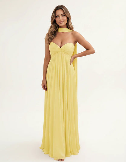 Chiffon Strapless Sweetheart Choker Draped Straight Maxi Dress for Party, Cocktail, Evening, Wedding Guest, Formal Events & S | SKU: CHD-739184620583917-YELLOW-L,CHD-739184620583917-YELLOW-M,CHD-739184620583917-YELLOW-S,CHD-739184620583917-YELLOW-XL,CHD-739184620583917-YELLOW-XS
