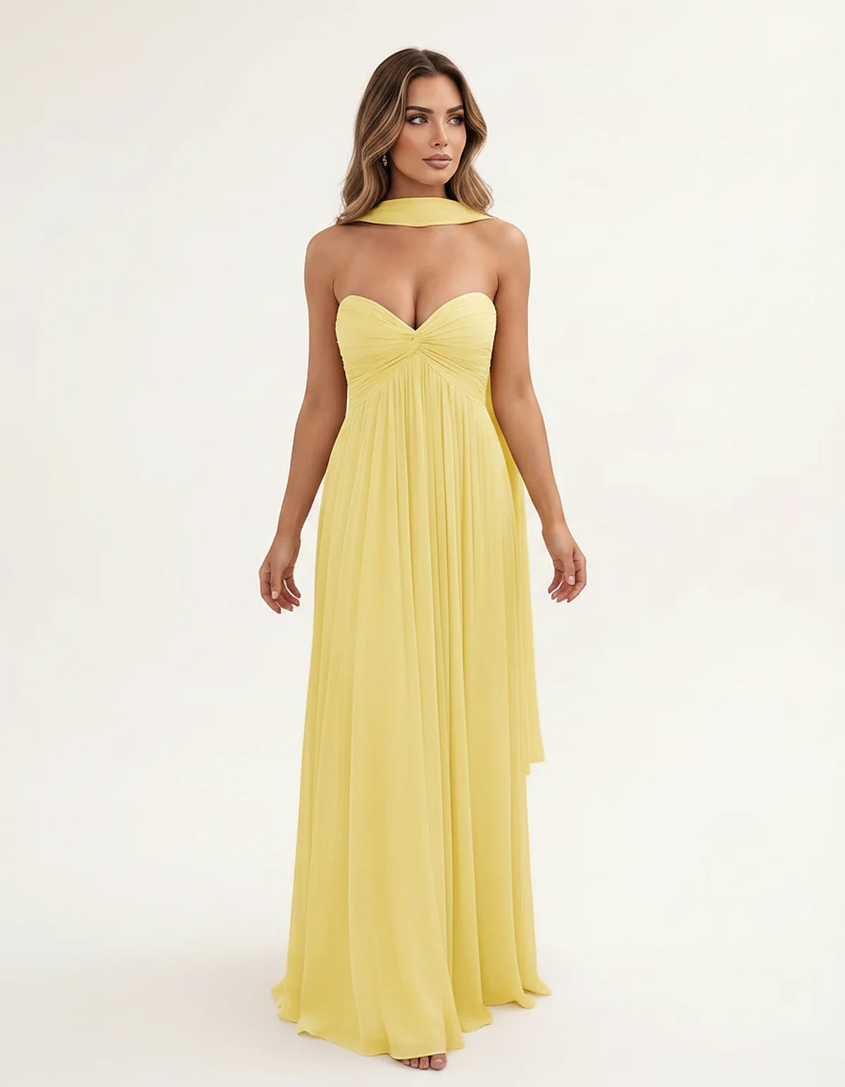 Chiffon Strapless Sweetheart Choker Draped Straight Maxi Dress for Party, Cocktail, Evening, Wedding Guest, Formal Events & S | SKU: CHD-739184620583917-YELLOW-L,CHD-739184620583917-YELLOW-M,CHD-739184620583917-YELLOW-S,CHD-739184620583917-YELLOW-XL,CHD-739184620583917-YELLOW-XS