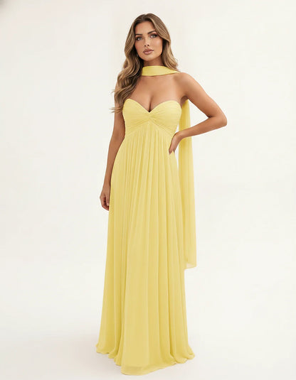 Chiffon Strapless Sweetheart Choker Draped Straight Maxi Dress for Party, Cocktail, Evening, Wedding Guest, Formal Events & S | SKU: CHD-739184620583917-YELLOW-L,CHD-739184620583917-YELLOW-M,CHD-739184620583917-YELLOW-S,CHD-739184620583917-YELLOW-XL,CHD-739184620583917-YELLOW-XS