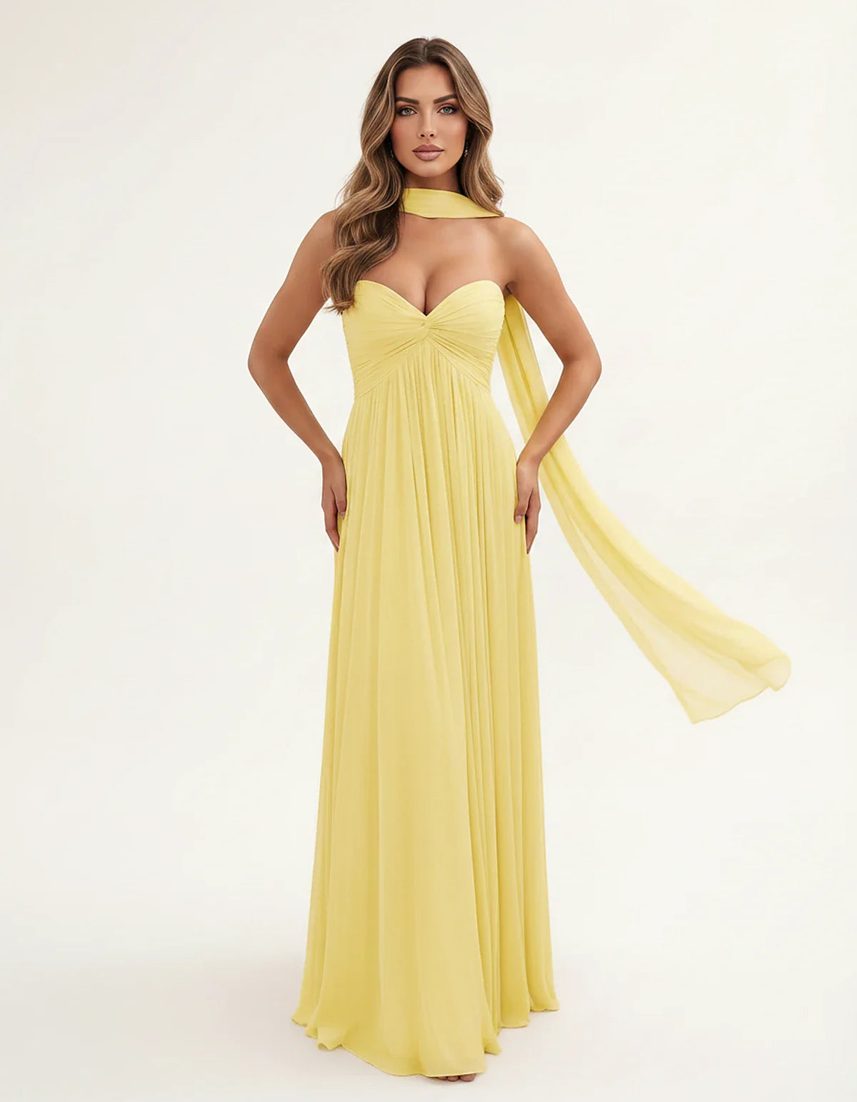 Chiffon Strapless Sweetheart Choker Draped Straight Maxi Dress for Party, Cocktail, Evening, Wedding Guest, Formal Events & S | SKU: CHD-739184620583917-YELLOW-L,CHD-739184620583917-YELLOW-M,CHD-739184620583917-YELLOW-S,CHD-739184620583917-YELLOW-XL,CHD-739184620583917-YELLOW-XS