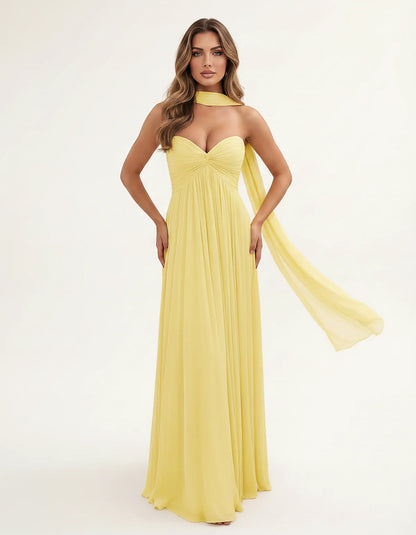 Chiffon Strapless Sweetheart Choker Draped Straight Maxi Dress for Party, Cocktail, Evening, Wedding Guest, Formal Events & S | SKU: CHD-739184620583917-YELLOW-L,CHD-739184620583917-YELLOW-M,CHD-739184620583917-YELLOW-S,CHD-739184620583917-YELLOW-XL,CHD-739184620583917-YELLOW-XS