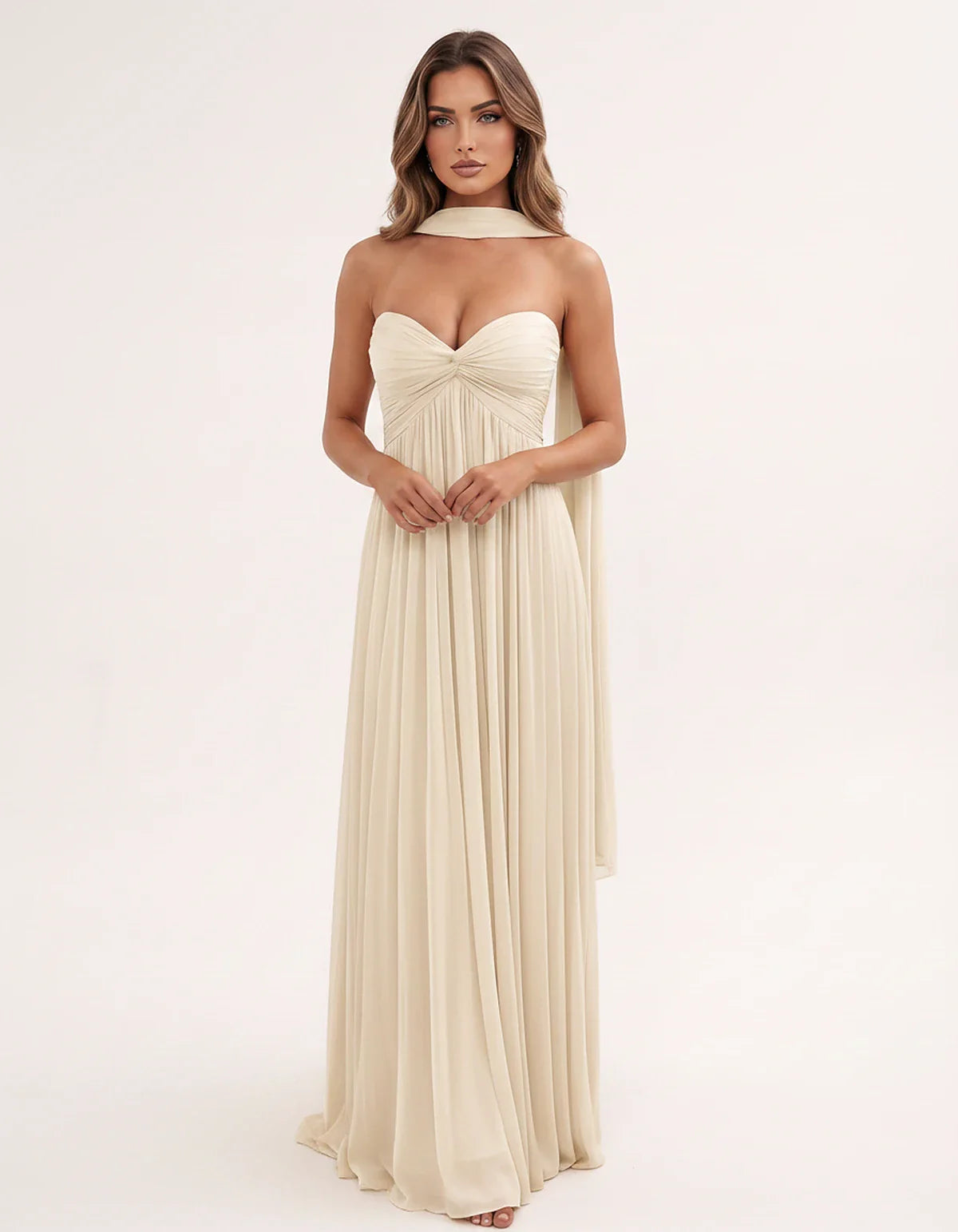 Chiffon Strapless Sweetheart Choker Draped Straight Maxi Dress for Party, Cocktail, Evening, Wedding Guest, Formal Events & S | SKU: CHD-739184620583917-CHAMPAGNE-L,CHD-739184620583917-CHAMPAGNE-M,CHD-739184620583917-CHAMPAGNE-S,CHD-739184620583917-CHAMPAGNE-XL,CHD-739184620583917-CHAMPAGNE-XS