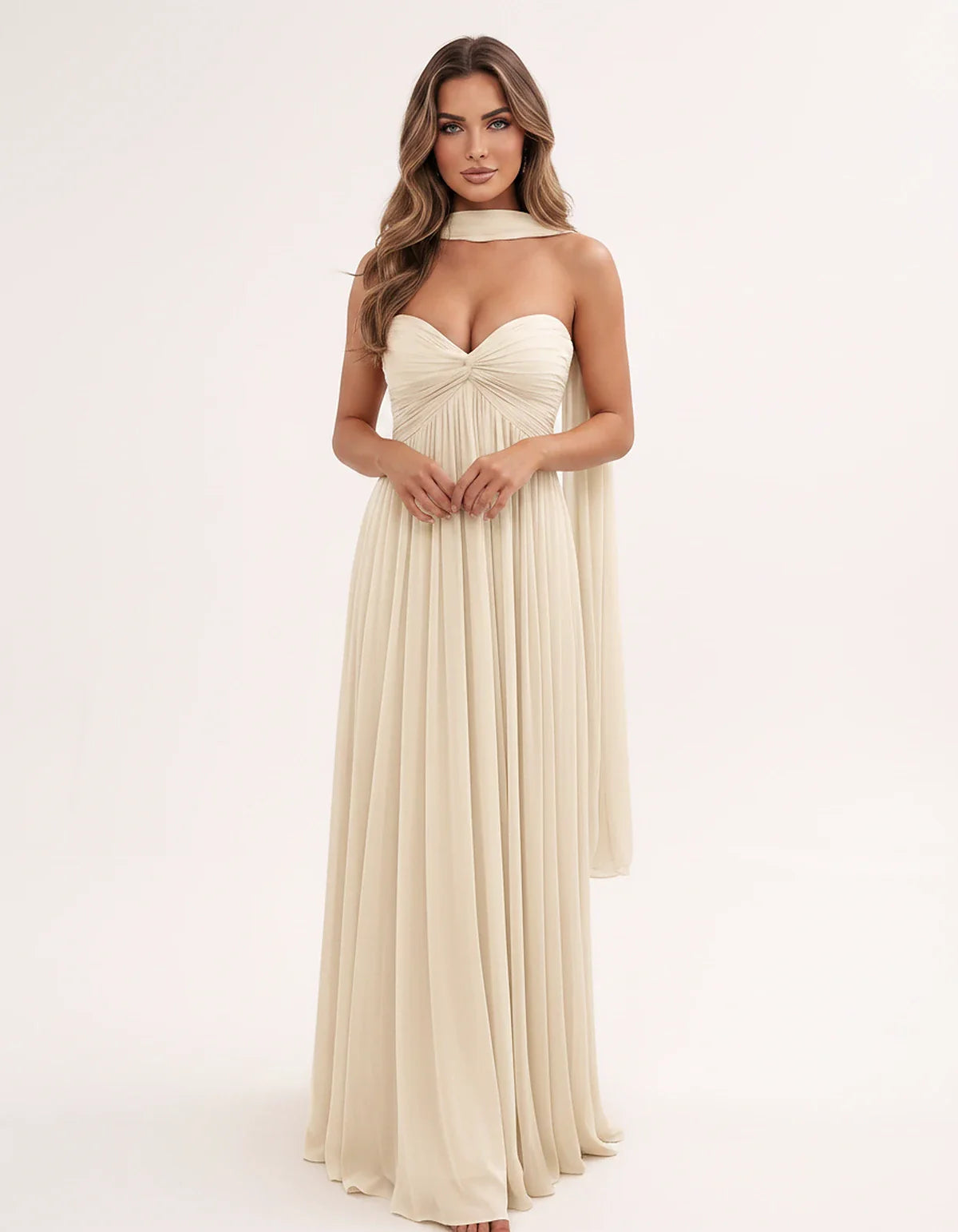 Chiffon Strapless Sweetheart Choker Draped Straight Maxi Dress for Party, Cocktail, Evening, Wedding Guest, Formal Events & S | SKU: CHD-739184620583917-CHAMPAGNE-L,CHD-739184620583917-CHAMPAGNE-M,CHD-739184620583917-CHAMPAGNE-S,CHD-739184620583917-CHAMPAGNE-XL,CHD-739184620583917-CHAMPAGNE-XS