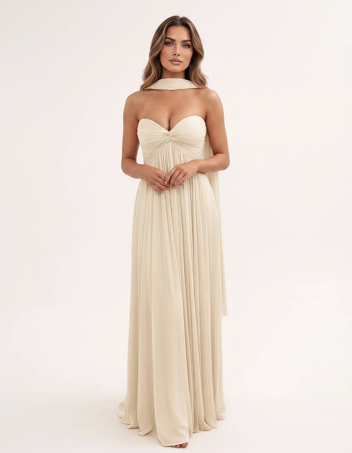 Chiffon Strapless Sweetheart Choker Draped Straight Maxi Dress for Party, Cocktail, Evening, Wedding Guest, Formal Events & S | SKU: CHD-739184620583917-CHAMPAGNE-L,CHD-739184620583917-CHAMPAGNE-M,CHD-739184620583917-CHAMPAGNE-S,CHD-739184620583917-CHAMPAGNE-XL,CHD-739184620583917-CHAMPAGNE-XS