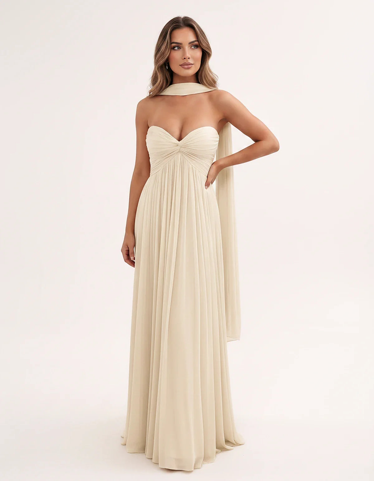 Chiffon Strapless Sweetheart Choker Draped Straight Maxi Dress for Party, Cocktail, Evening, Wedding Guest, Formal Events & S | SKU: CHD-739184620583917-CHAMPAGNE-L,CHD-739184620583917-CHAMPAGNE-M,CHD-739184620583917-CHAMPAGNE-S,CHD-739184620583917-CHAMPAGNE-XL,CHD-739184620583917-CHAMPAGNE-XS