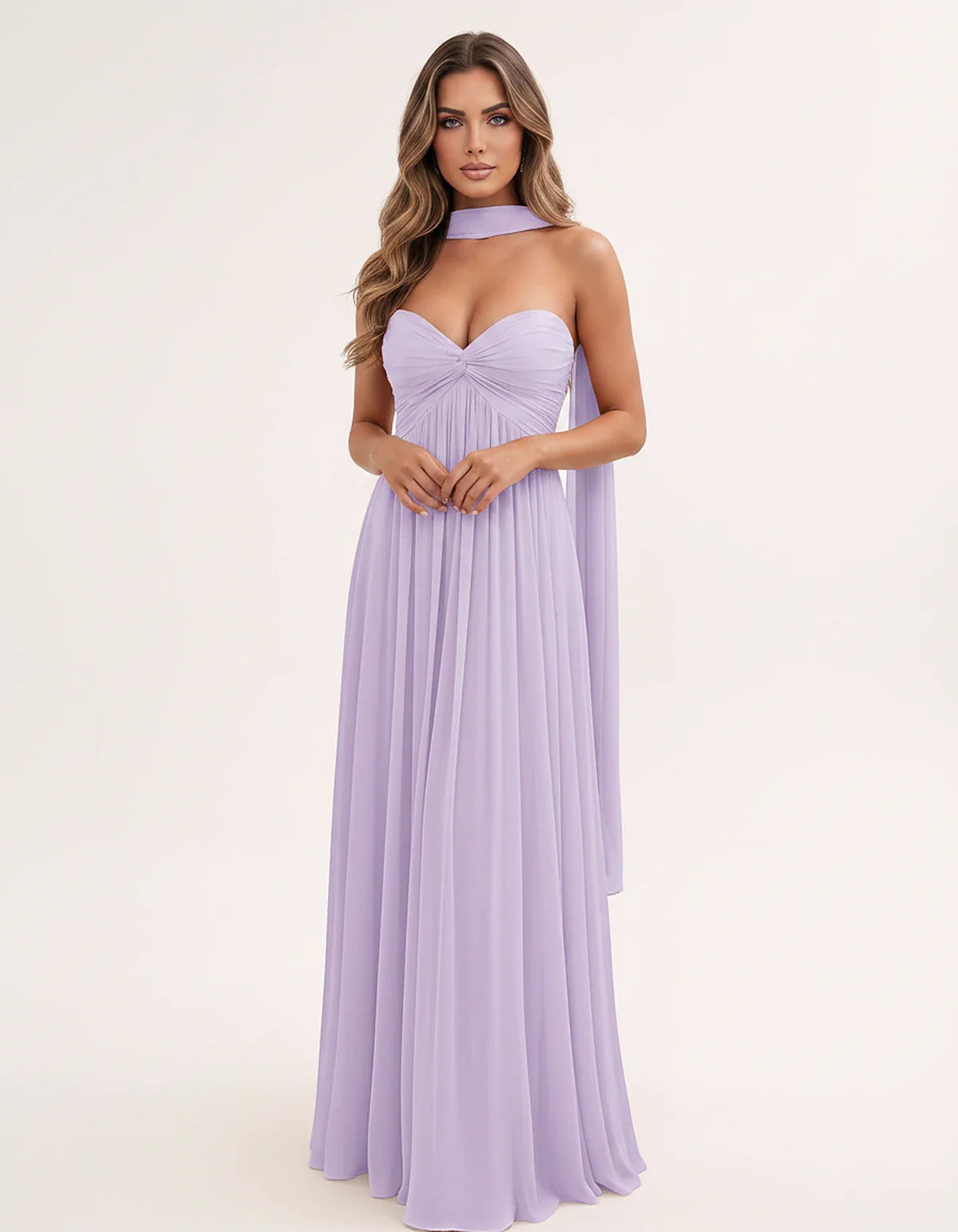 Chiffon Strapless Sweetheart Choker Draped Straight Maxi Dress for Party, Cocktail, Evening, Wedding Guest, Formal Events & S | SKU: CHD-739184620583917-LILAC-L,CHD-739184620583917-LILAC-M,CHD-739184620583917-LILAC-S,CHD-739184620583917-LILAC-XL,CHD-739184620583917-LILAC-XS