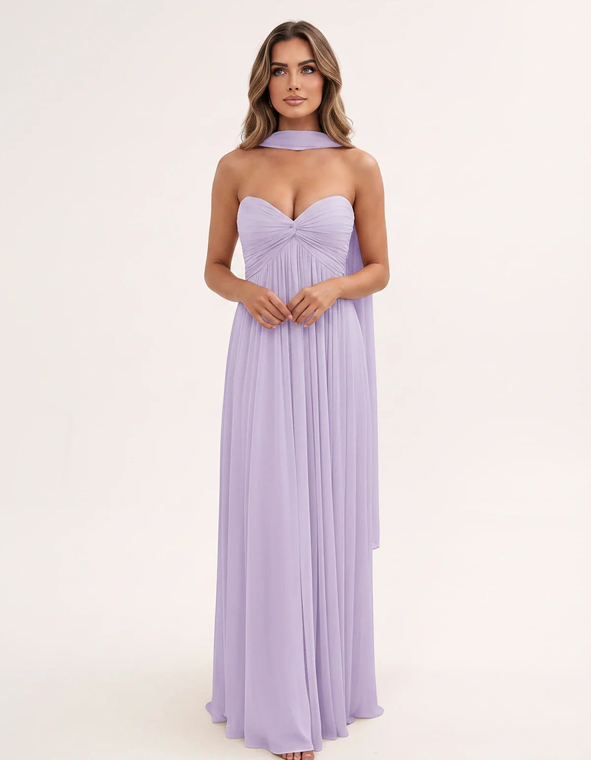 Chiffon Strapless Sweetheart Choker Draped Straight Maxi Dress for Party, Cocktail, Evening, Wedding Guest, Formal Events & S | SKU: CHD-739184620583917-LILAC-L,CHD-739184620583917-LILAC-M,CHD-739184620583917-LILAC-S,CHD-739184620583917-LILAC-XL,CHD-739184620583917-LILAC-XS