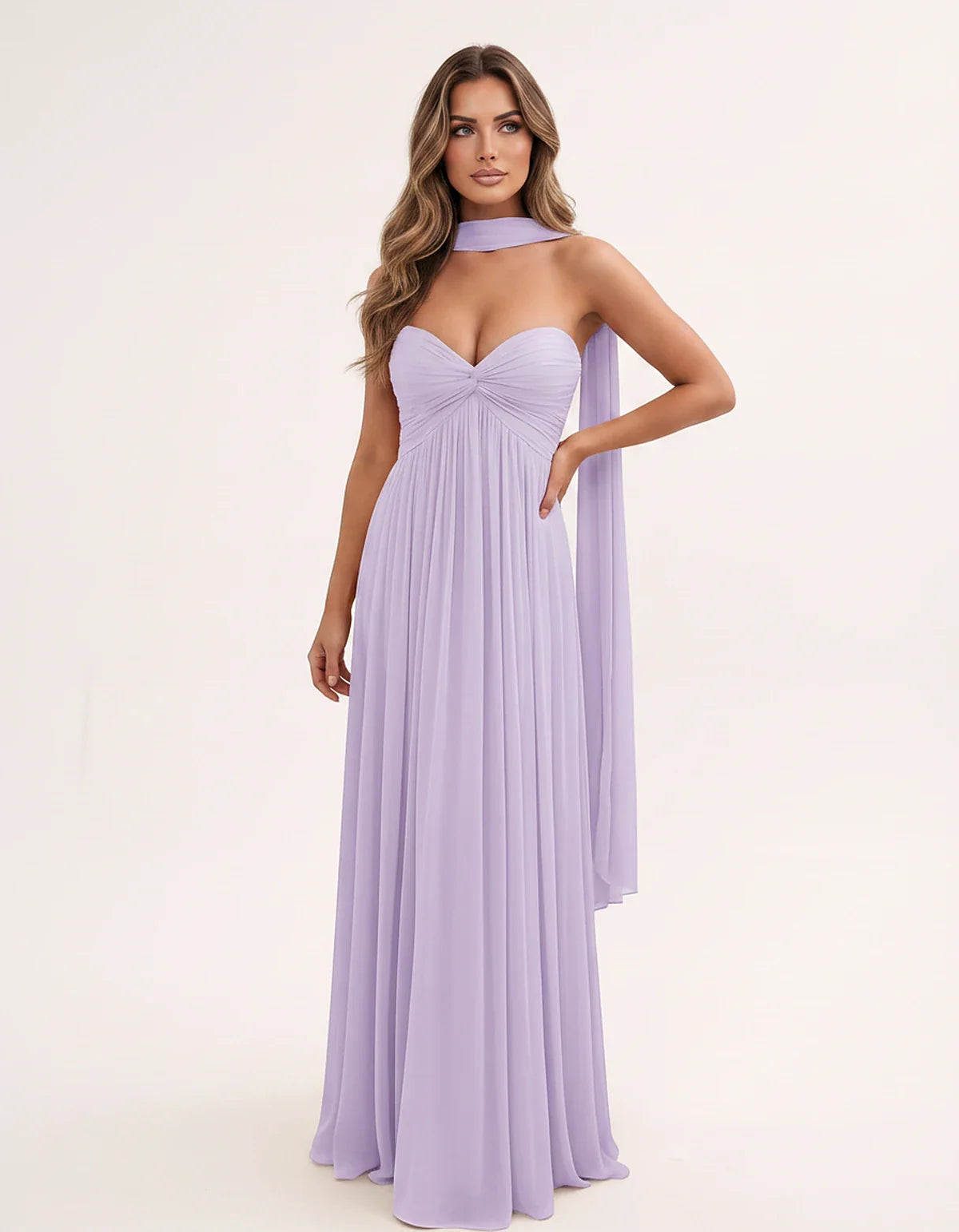 Chiffon Strapless Sweetheart Choker Draped Straight Maxi Dress for Party, Cocktail, Evening, Wedding Guest, Formal Events & S | SKU: CHD-739184620583917-LILAC-L,CHD-739184620583917-LILAC-M,CHD-739184620583917-LILAC-S,CHD-739184620583917-LILAC-XL,CHD-739184620583917-LILAC-XS
