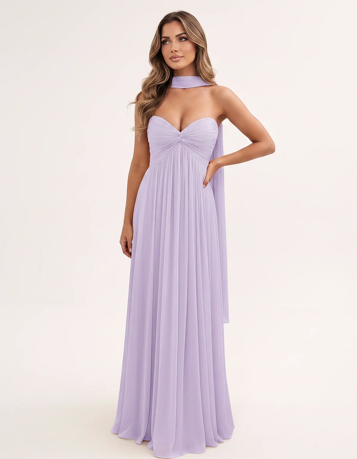 Chiffon Strapless Sweetheart Choker Draped Straight Maxi Dress for Party, Cocktail, Evening, Wedding Guest, Formal Events & S | SKU: CHD-739184620583917-LILAC-L,CHD-739184620583917-LILAC-M,CHD-739184620583917-LILAC-S,CHD-739184620583917-LILAC-XL,CHD-739184620583917-LILAC-XS