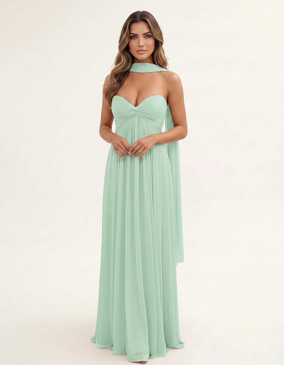 Chiffon Strapless Sweetheart Choker Draped Straight Maxi Dress for Party, Cocktail, Evening, Wedding Guest, Formal Events & S | SKU: CHD-739184620583917-MINT-L,CHD-739184620583917-MINT-M,CHD-739184620583917-MINT-S,CHD-739184620583917-MINT-XL,CHD-739184620583917-MINT-XS