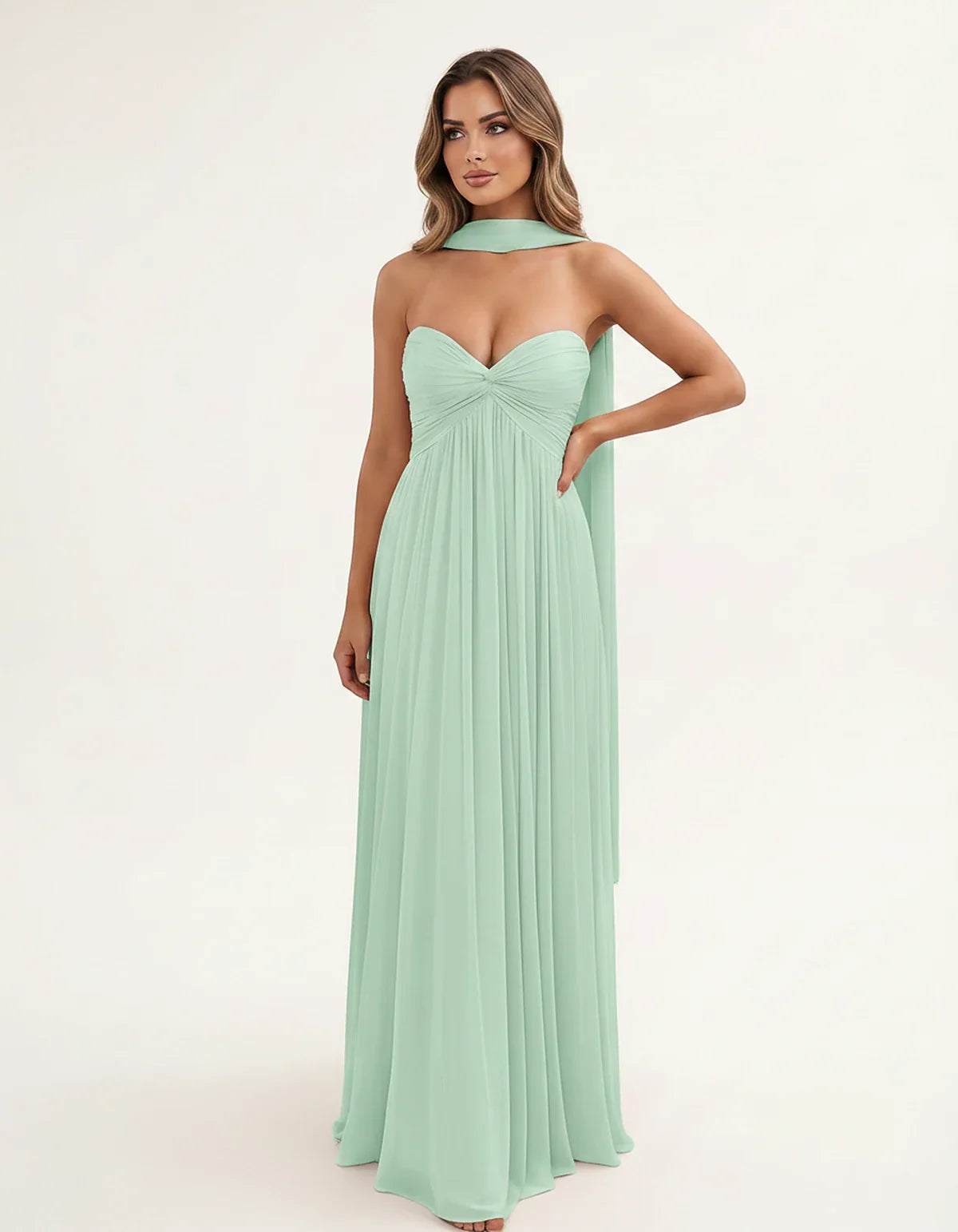 Chiffon Strapless Sweetheart Choker Draped Straight Maxi Dress for Party, Cocktail, Evening, Wedding Guest, Formal Events & S | SKU: CHD-739184620583917-MINT-L,CHD-739184620583917-MINT-M,CHD-739184620583917-MINT-S,CHD-739184620583917-MINT-XL,CHD-739184620583917-MINT-XS