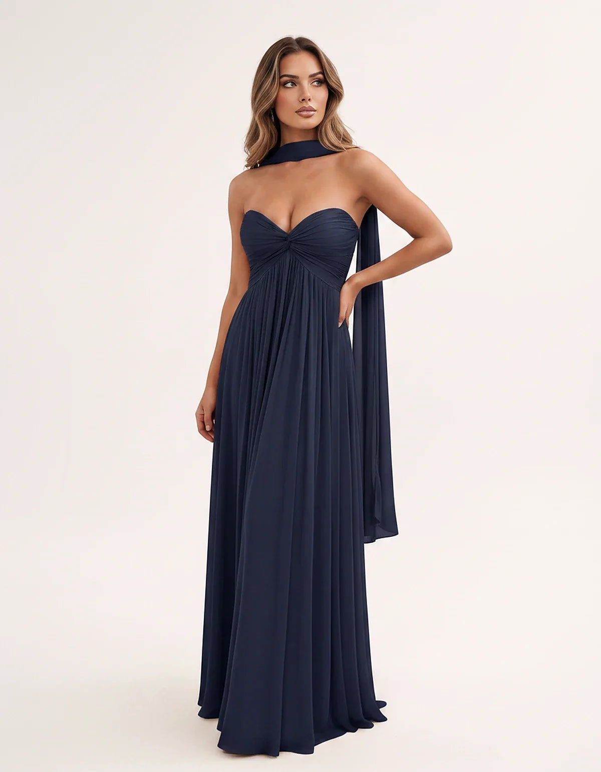 Chiffon Strapless Sweetheart Choker Draped Straight Maxi Dress for Party, Cocktail, Evening, Wedding Guest, Formal Events & S | SKU: CHD-739184620583917-NAVY-L,CHD-739184620583917-NAVY-M,CHD-739184620583917-NAVY-S,CHD-739184620583917-NAVY-XL,CHD-739184620583917-NAVY-XS