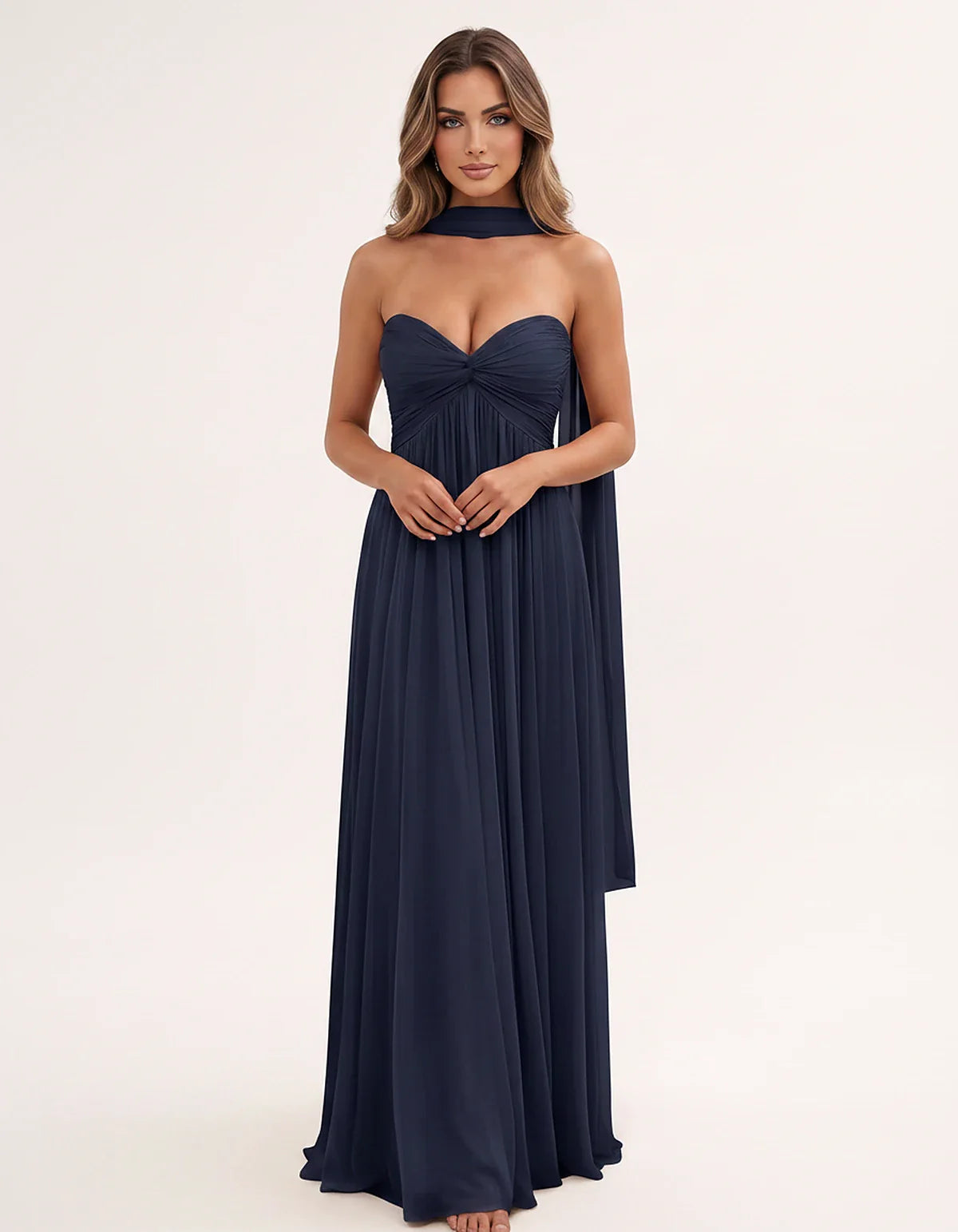 Chiffon Strapless Sweetheart Choker Draped Straight Maxi Dress for Party, Cocktail, Evening, Wedding Guest, Formal Events & S | SKU: CHD-739184620583917-NAVY-L,CHD-739184620583917-NAVY-M,CHD-739184620583917-NAVY-S,CHD-739184620583917-NAVY-XL,CHD-739184620583917-NAVY-XS
