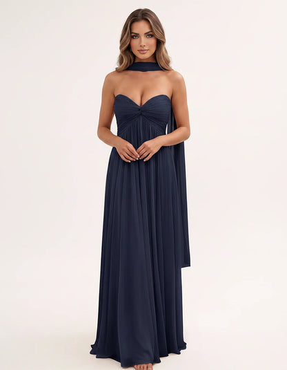 Chiffon Strapless Sweetheart Choker Draped Straight Maxi Dress for Party, Cocktail, Evening, Wedding Guest, Formal Events & S | SKU: CHD-739184620583917-NAVY-L,CHD-739184620583917-NAVY-M,CHD-739184620583917-NAVY-S,CHD-739184620583917-NAVY-XL,CHD-739184620583917-NAVY-XS