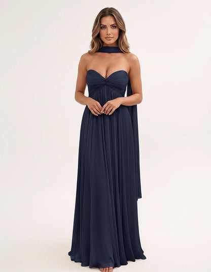 Chiffon Strapless Sweetheart Choker Draped Straight Maxi Dress for Party, Cocktail, Evening, Wedding Guest, Formal Events & S | SKU: CHD-739184620583917-NAVY-L,CHD-739184620583917-NAVY-M,CHD-739184620583917-NAVY-S,CHD-739184620583917-NAVY-XL,CHD-739184620583917-NAVY-XS