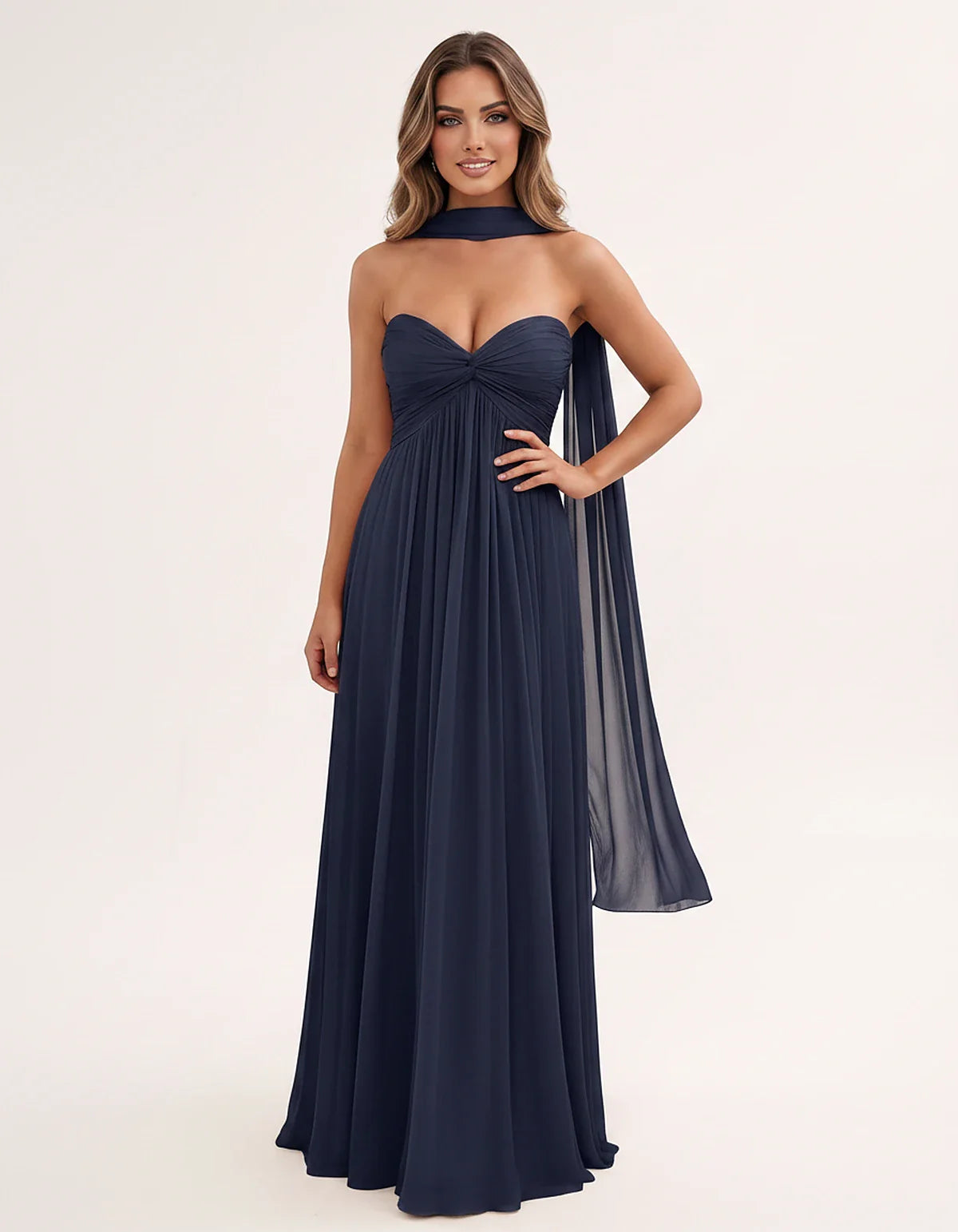 Chiffon Strapless Sweetheart Choker Draped Straight Maxi Dress for Party, Cocktail, Evening, Wedding Guest, Formal Events & S | SKU: CHD-739184620583917-NAVY-L,CHD-739184620583917-NAVY-M,CHD-739184620583917-NAVY-S,CHD-739184620583917-NAVY-XL,CHD-739184620583917-NAVY-XS