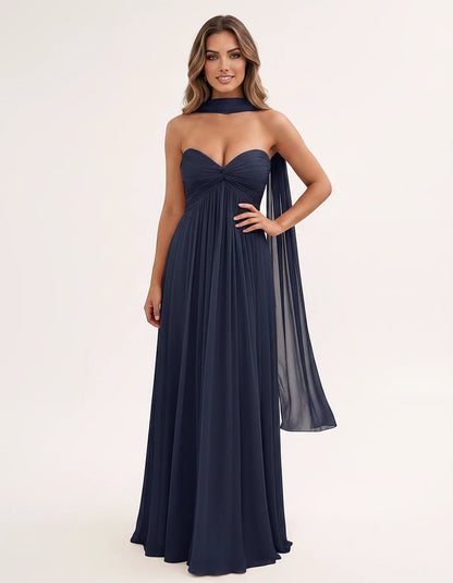 Chiffon Strapless Sweetheart Choker Draped Straight Maxi Dress for Party, Cocktail, Evening, Wedding Guest, Formal Events & S | SKU: CHD-739184620583917-NAVY-L,CHD-739184620583917-NAVY-M,CHD-739184620583917-NAVY-S,CHD-739184620583917-NAVY-XL,CHD-739184620583917-NAVY-XS