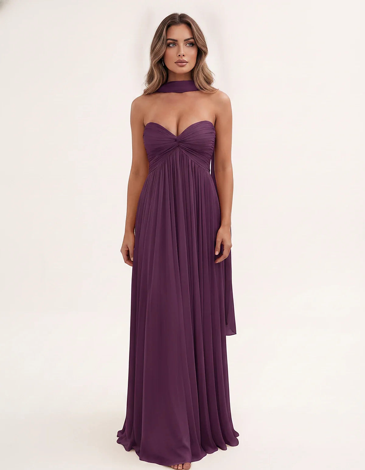 Chiffon Strapless Sweetheart Choker Draped Straight Maxi Dress for Party, Cocktail, Evening, Wedding Guest, Formal Events & S | SKU: CHD-739184620583917-PLUM-L,CHD-739184620583917-PLUM-M,CHD-739184620583917-PLUM-S,CHD-739184620583917-PLUM-XL,CHD-739184620583917-PLUM-XS