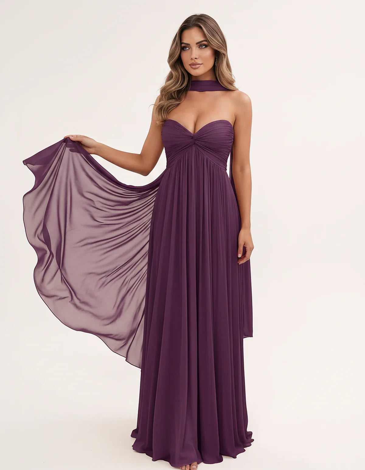Chiffon Strapless Sweetheart Choker Draped Straight Maxi Dress for Party, Cocktail, Evening, Wedding Guest, Formal Events & S | SKU: CHD-739184620583917-PLUM-L,CHD-739184620583917-PLUM-M,CHD-739184620583917-PLUM-S,CHD-739184620583917-PLUM-XL,CHD-739184620583917-PLUM-XS