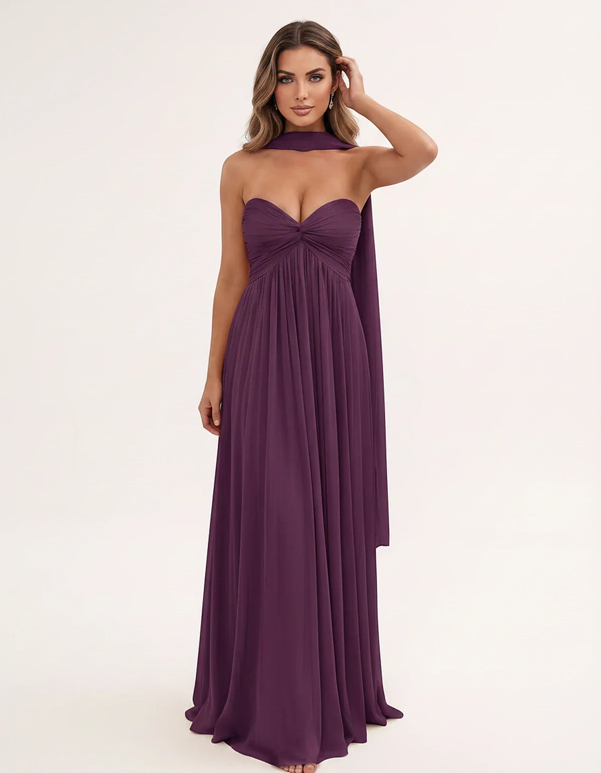 Chiffon Strapless Sweetheart Choker Draped Straight Maxi Dress for Party, Cocktail, Evening, Wedding Guest, Formal Events & S | SKU: CHD-739184620583917-PLUM-L,CHD-739184620583917-PLUM-M,CHD-739184620583917-PLUM-S,CHD-739184620583917-PLUM-XL,CHD-739184620583917-PLUM-XS