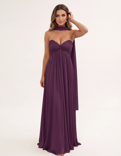 Chiffon Strapless Sweetheart Choker Draped Straight Maxi Dress for Party, Cocktail, Evening, Wedding Guest, Formal Events & S | SKU: CHD-739184620583917-PLUM-L,CHD-739184620583917-PLUM-M,CHD-739184620583917-PLUM-S,CHD-739184620583917-PLUM-XL,CHD-739184620583917-PLUM-XS