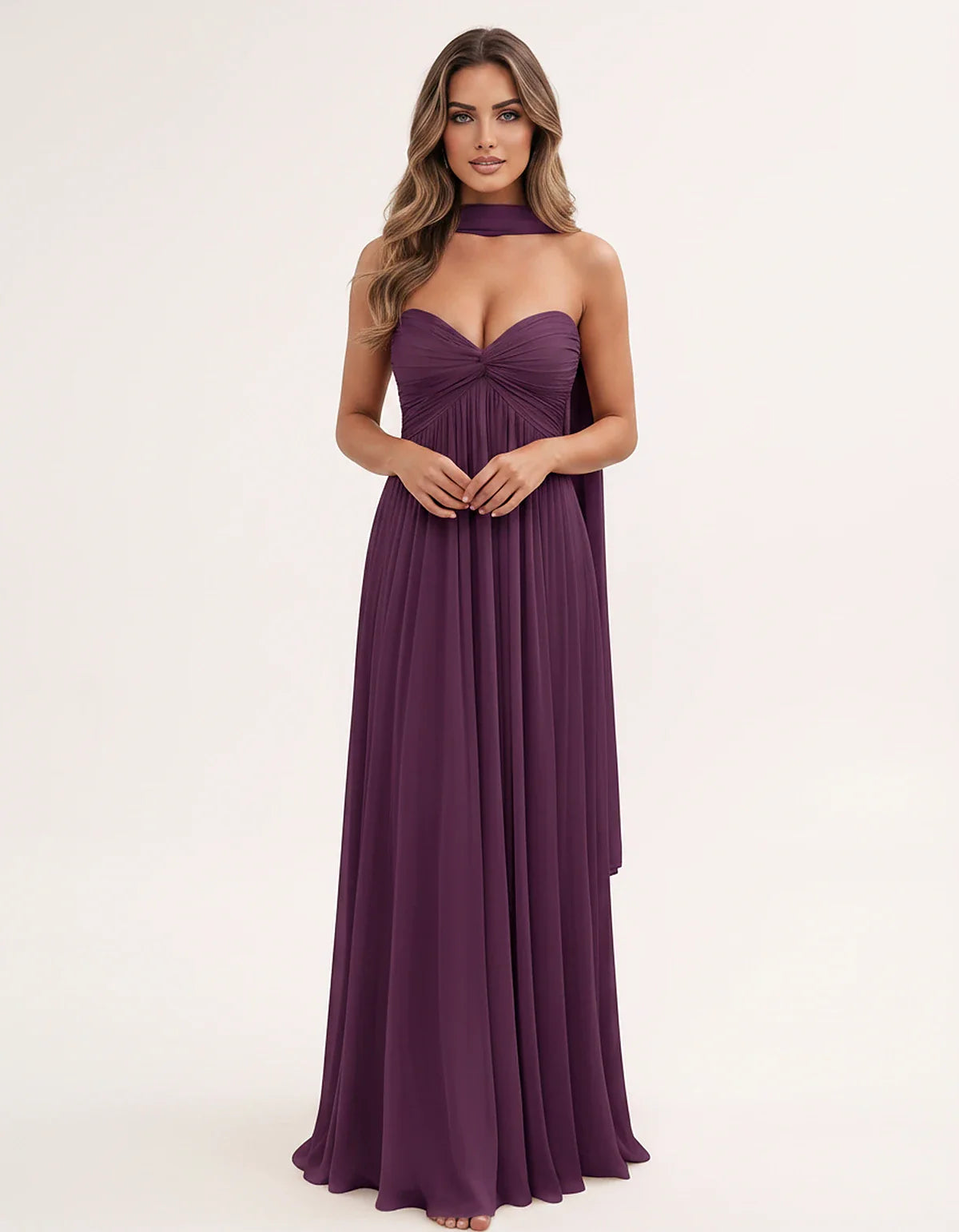 Chiffon Strapless Sweetheart Choker Draped Straight Maxi Dress for Party, Cocktail, Evening, Wedding Guest, Formal Events & S | SKU: CHD-739184620583917-PLUM-L,CHD-739184620583917-PLUM-M,CHD-739184620583917-PLUM-S,CHD-739184620583917-PLUM-XL,CHD-739184620583917-PLUM-XS