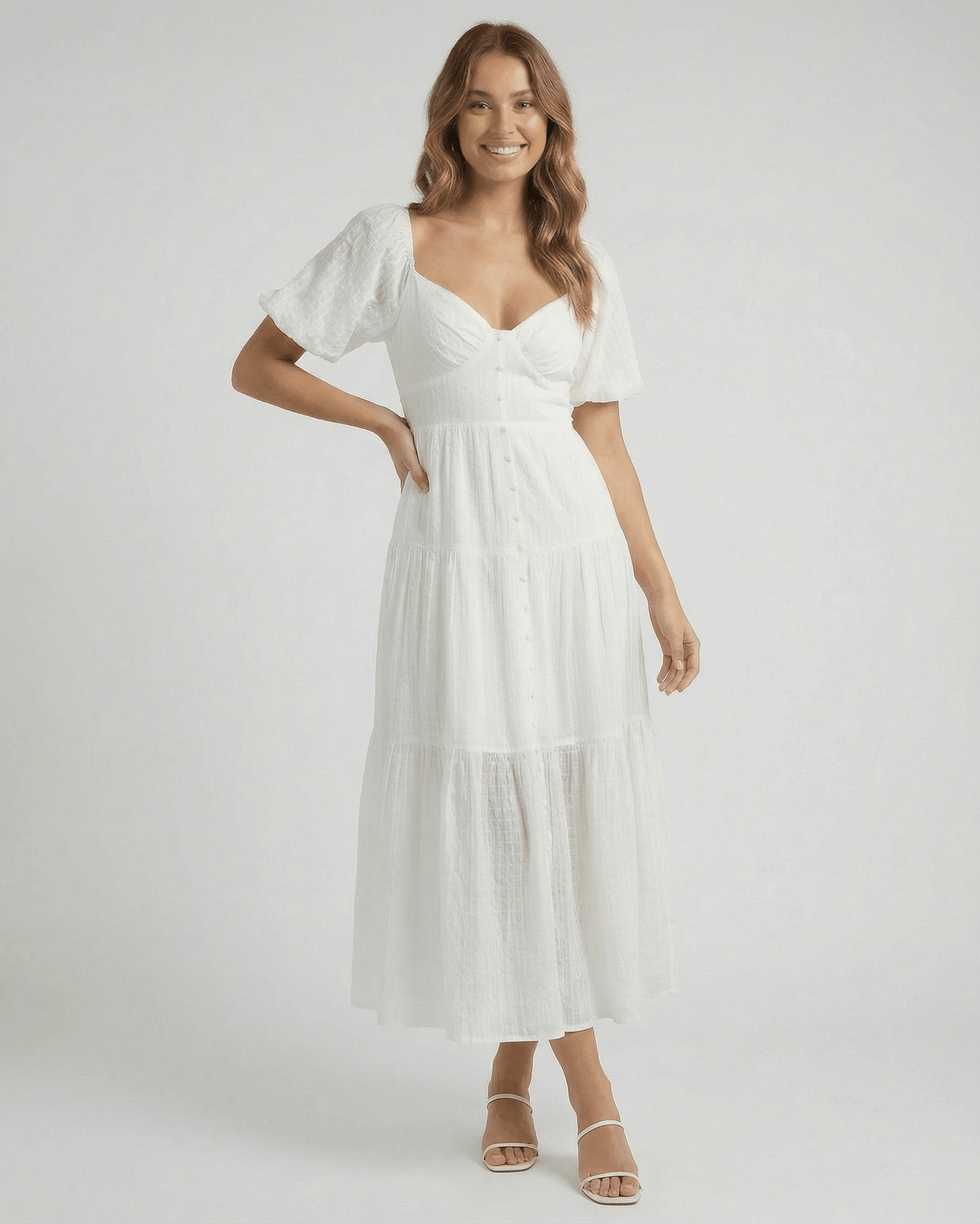 Sida Midi Dress by RAMBLION, white cotton A-line dress perfect for elegant occasions, featuring a V neck and comfortable fit.