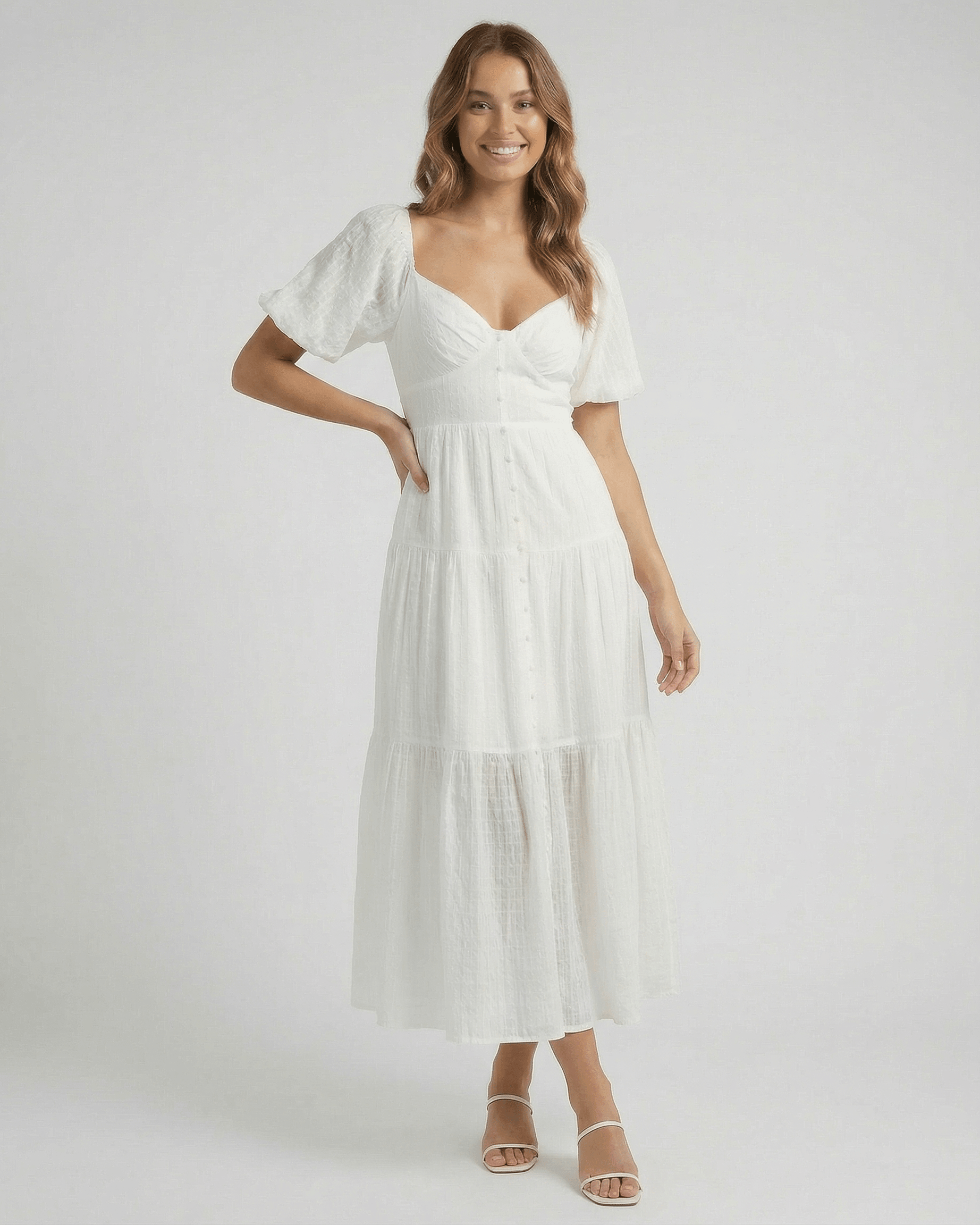 Sida Midi Dress by RAMBLION, white cotton A-line dress perfect for elegant occasions, featuring a V neck and comfortable fit.
