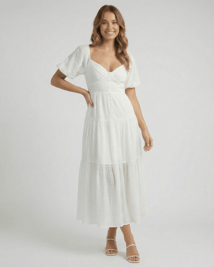 Sida Midi Dress by RAMBLION, white cotton A-line dress perfect for elegant occasions, featuring a V neck and comfortable fit.
