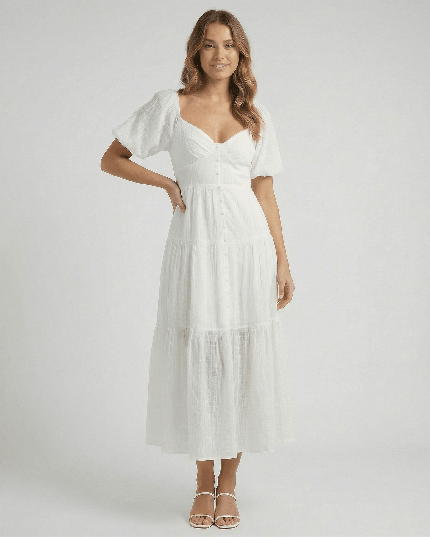 Sida Midi Dress, white midi-length, V neck, A-line silhouette, elegant look, casual occasion, by RAMBLION.