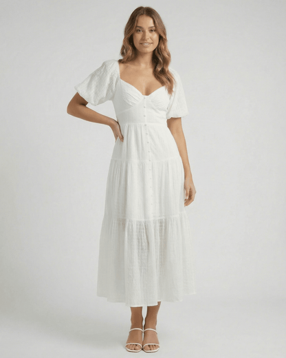 Sida Midi Dress, white midi-length, V neck, A-line silhouette, elegant look, casual occasion, by RAMBLION.