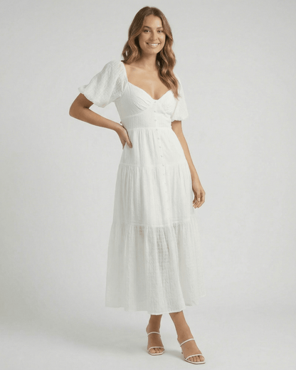 Sida Midi Dress by RAMBLION, white cotton, V-neck, A-line silhouette, perfect for elegant occasions.