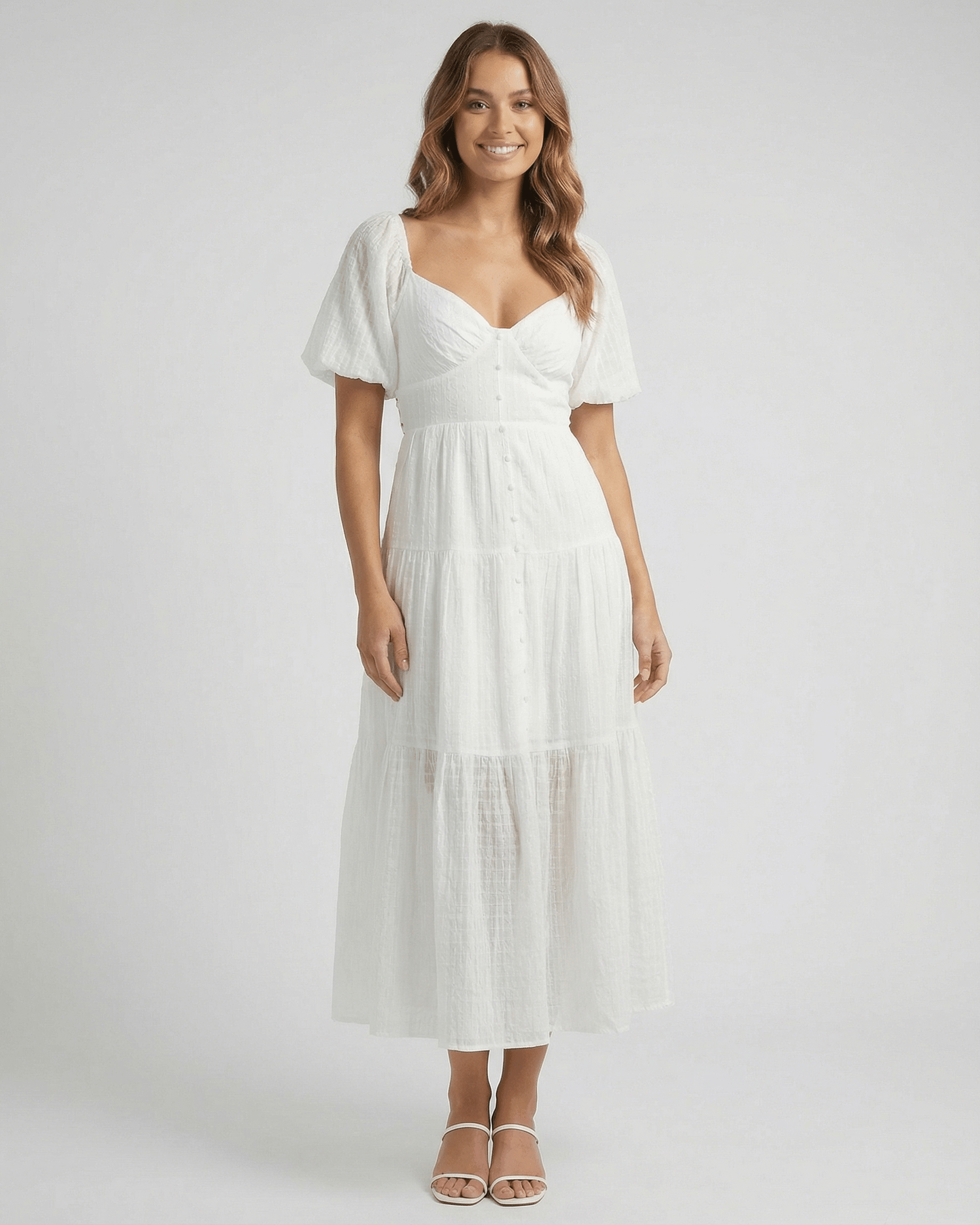 Sida Midi Dress by RAMBLION, white cotton midi dress with V-neck, A-line silhouette, perfect for elegant occasions.