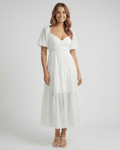 Sida Midi Dress by RAMBLION, white cotton midi dress with V-neck, A-line silhouette, perfect for elegant occasions.