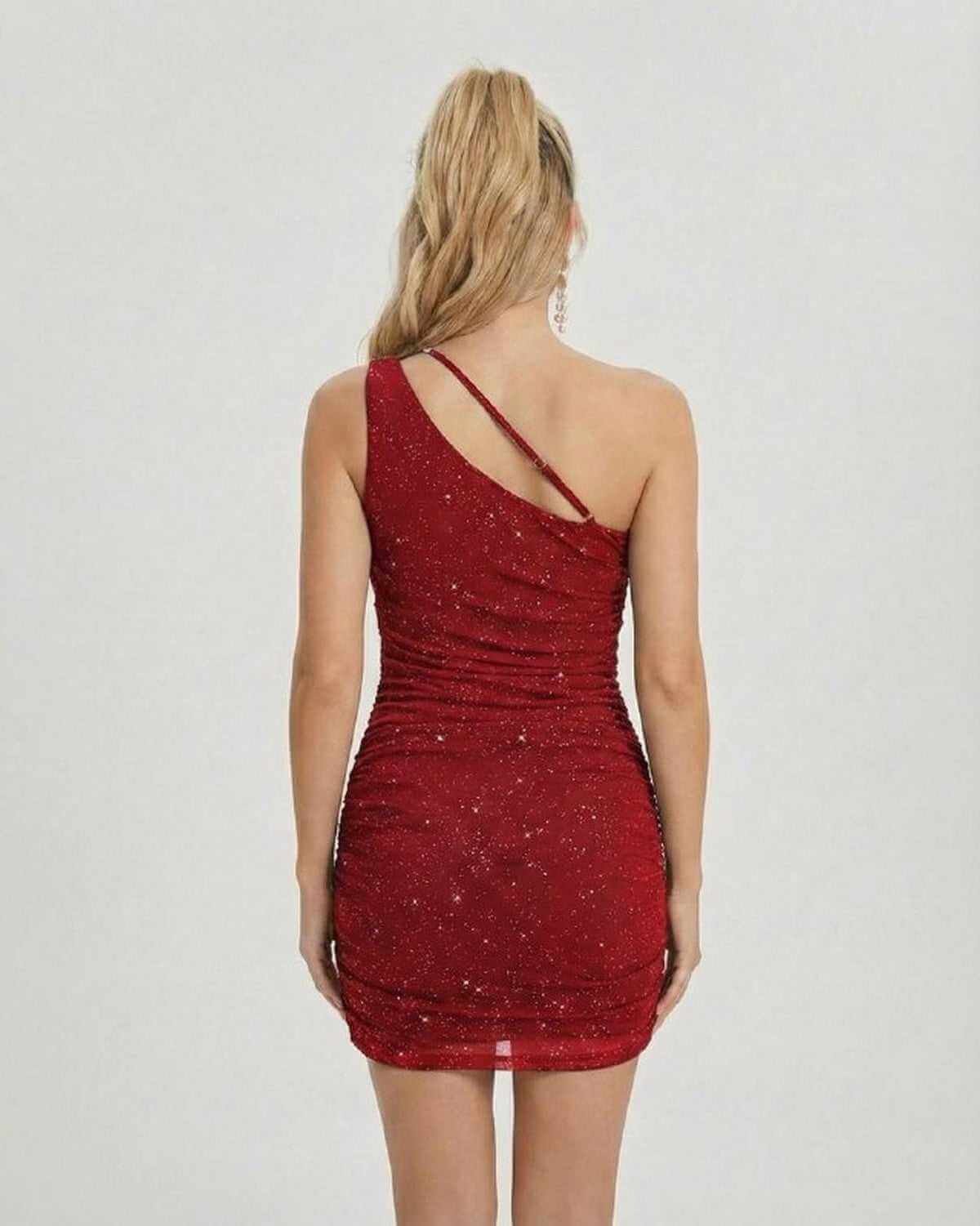 Sida Mini Dress - red sequin overlay, one shoulder design, perfect for parties, by RAMBLION.