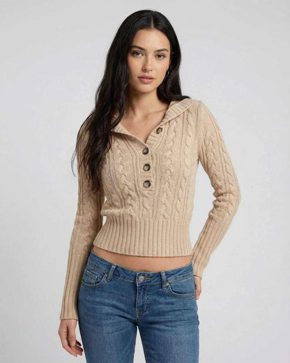 Siena Sweater by RAMBLION - Hooded cable knit slim fit sweater in beige, perfect for modern casual looks.