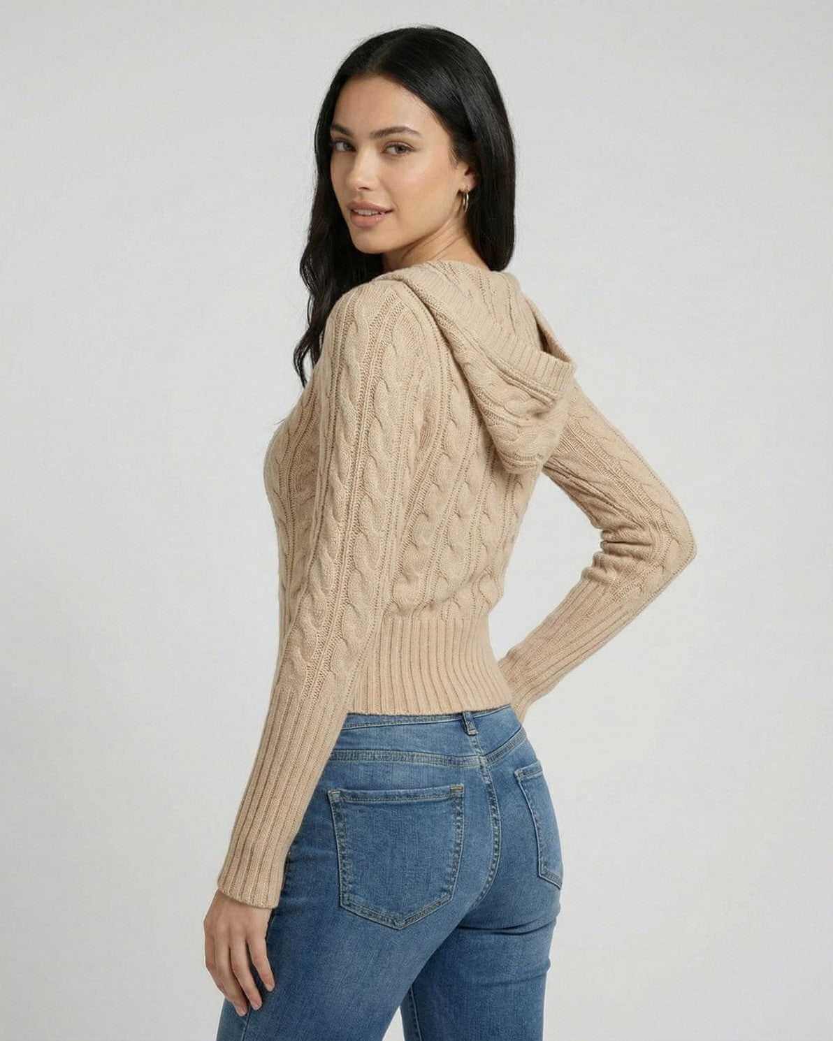 Siena Sweater - Hooded Cable Knit Slim Fit Sweater in beige, showcasing a stylish back view.