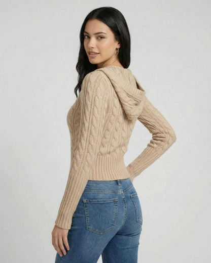 Siena Sweater - Hooded Cable Knit Slim Fit Sweater in beige, showcasing a stylish back view.