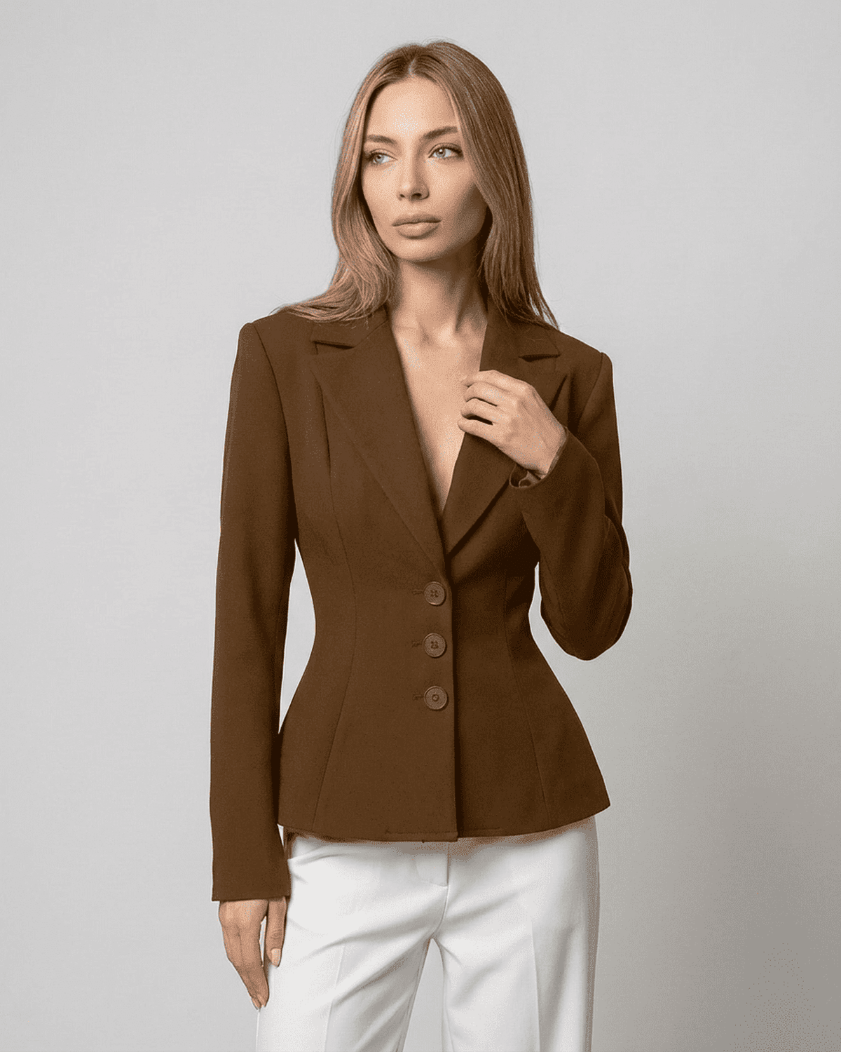 Sienna Blazer by RAMBLION, fitted waist V-neck tailored silhouette in brown, perfect for modern workwear.