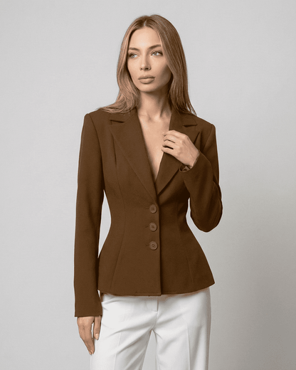 Sienna Blazer by RAMBLION, fitted waist V-neck tailored silhouette in brown, perfect for modern workwear.
