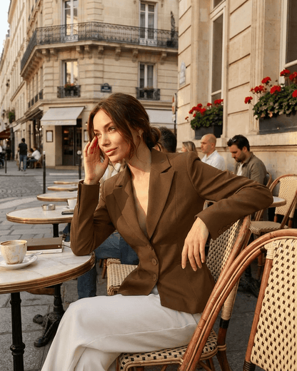 Woman wearing Sienna Blazer seated at a café, showcasing its tailored silhouette and elegant style.